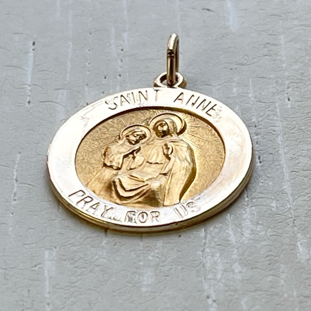 14k Solid Gold St. Anne Religious Medal Pendant Charm 3 Grams - Polished & Satin